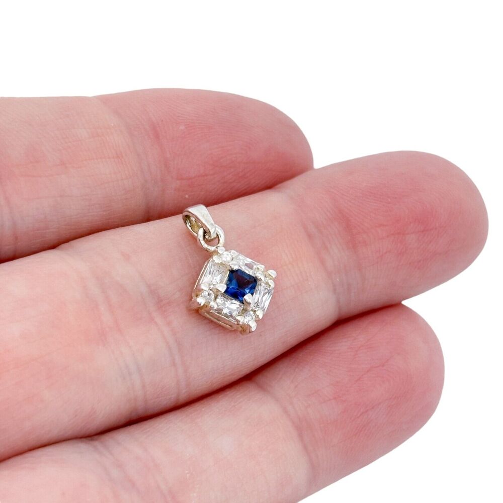 Vintage Sterling Silver 925 Square Blue Glass Pendant